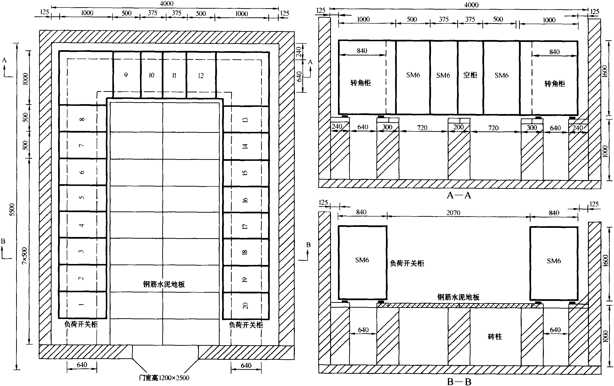 1-6 双电源双母线2进线2～16出线铜巴联络采用负荷开关柜开关站电气平面图